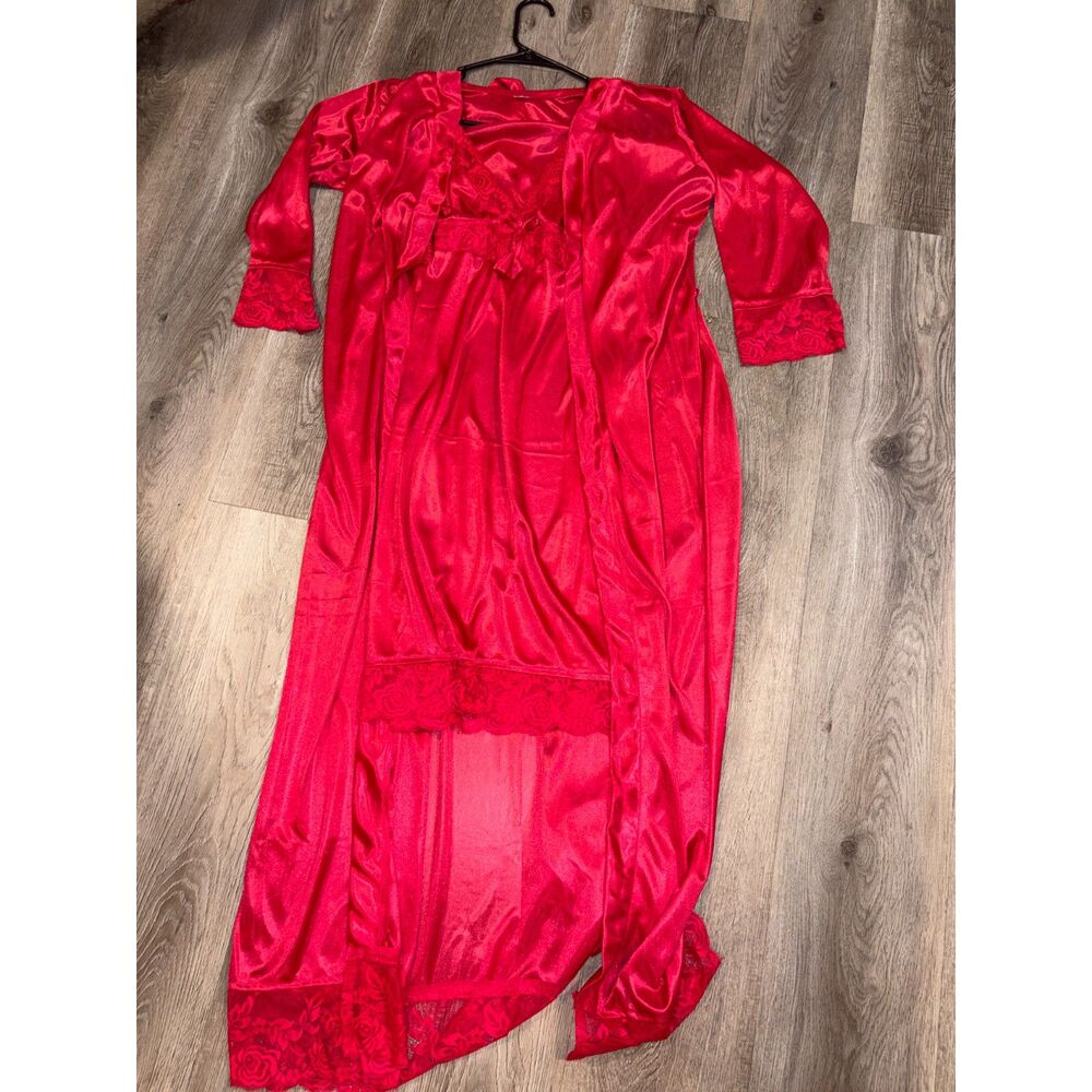 Red Lace Slip Dress & Sheer Robe 2-Piece Set New Free Size